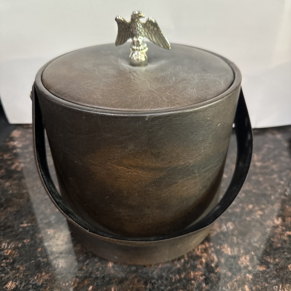 Georges Briard Ice Bucket Faux Leather Vintage Eagle Knob